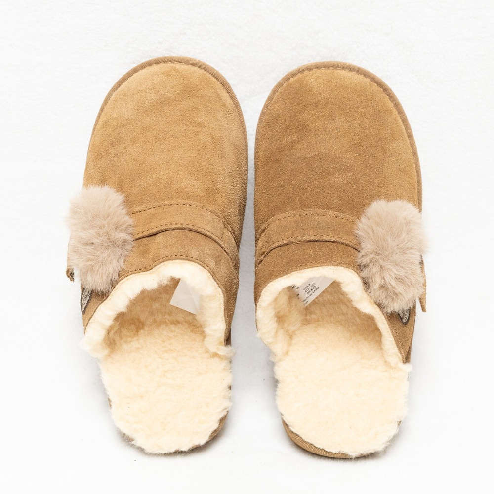 PAWZ BY BEARPAW Lina Suede Pom Pom Clogs Mules Slippers Wool Fleece Lined Tan 8